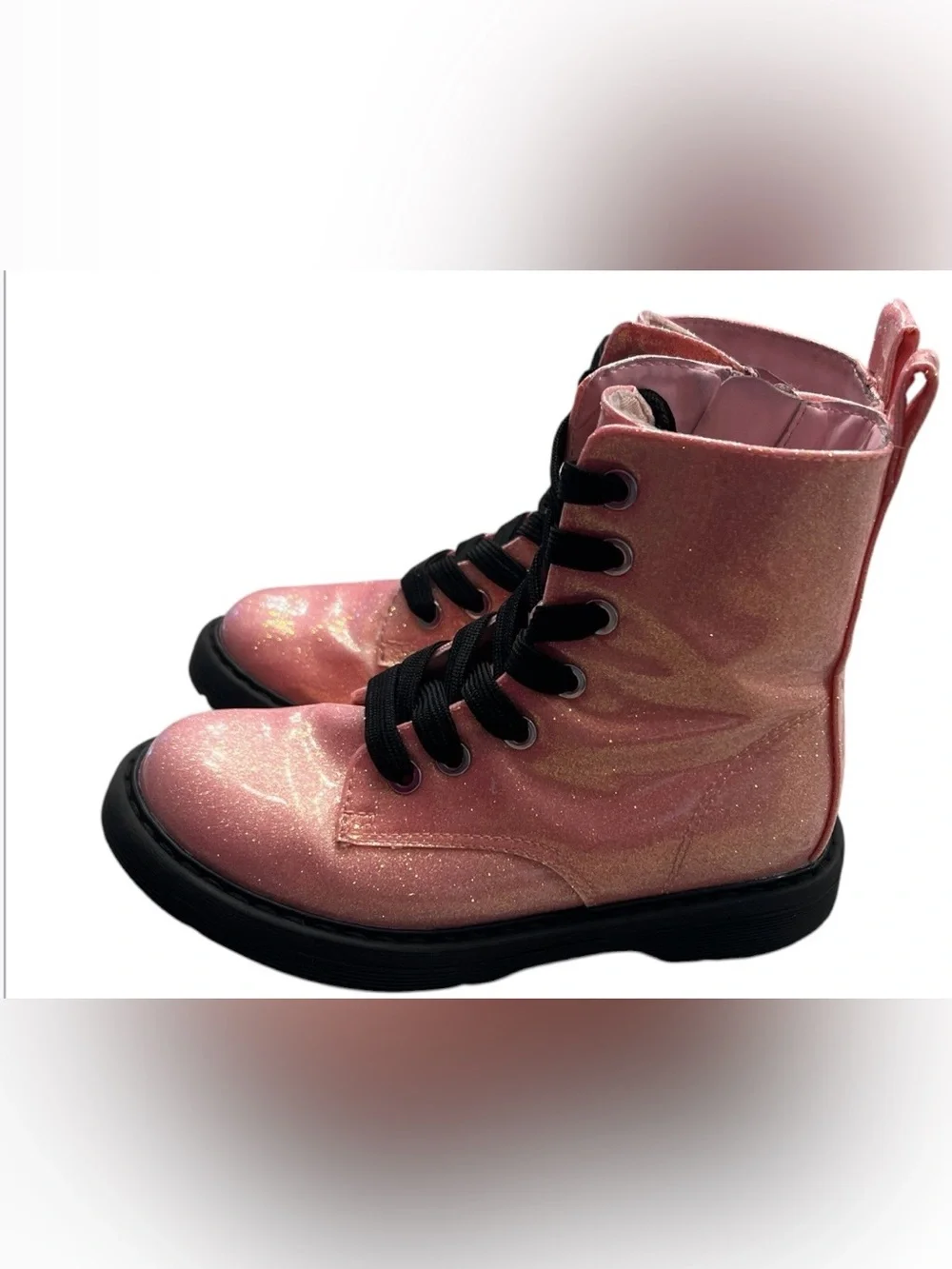 Thereabouts Girls Pink/Black Glitter Lace-Up Ankle Combat Boots Round Toe US 11M